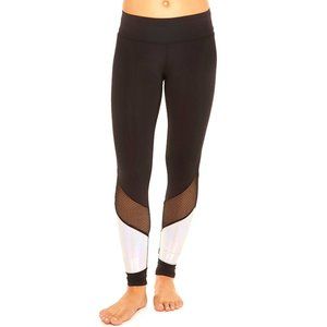 Terez black/holographic silver/mesh net tall band gym leggings L shine fishnet